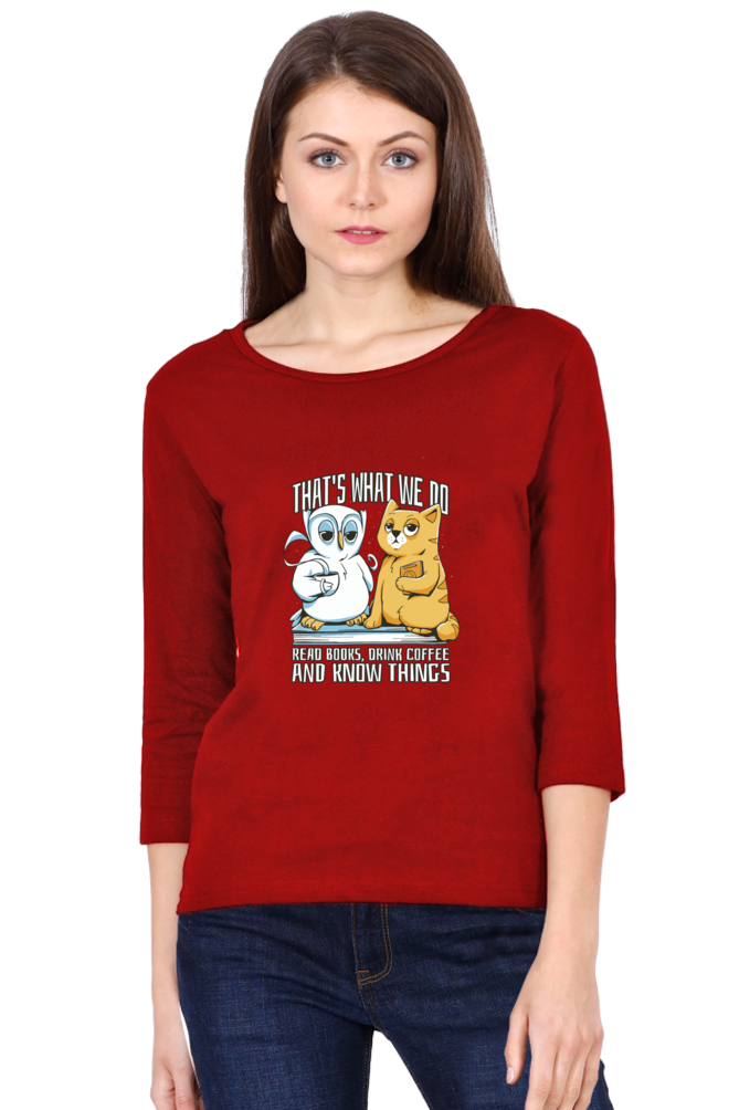 Cat Owl Coffee Books Round Neck Full Sleeve