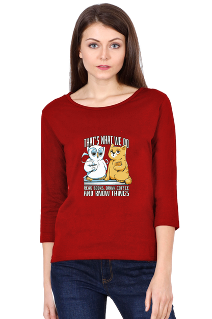 Cat Owl Coffee Books Round Neck Full Sleeve