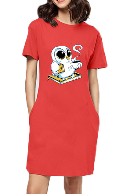 Cute Owl Book Coffee T-Shirt Dress