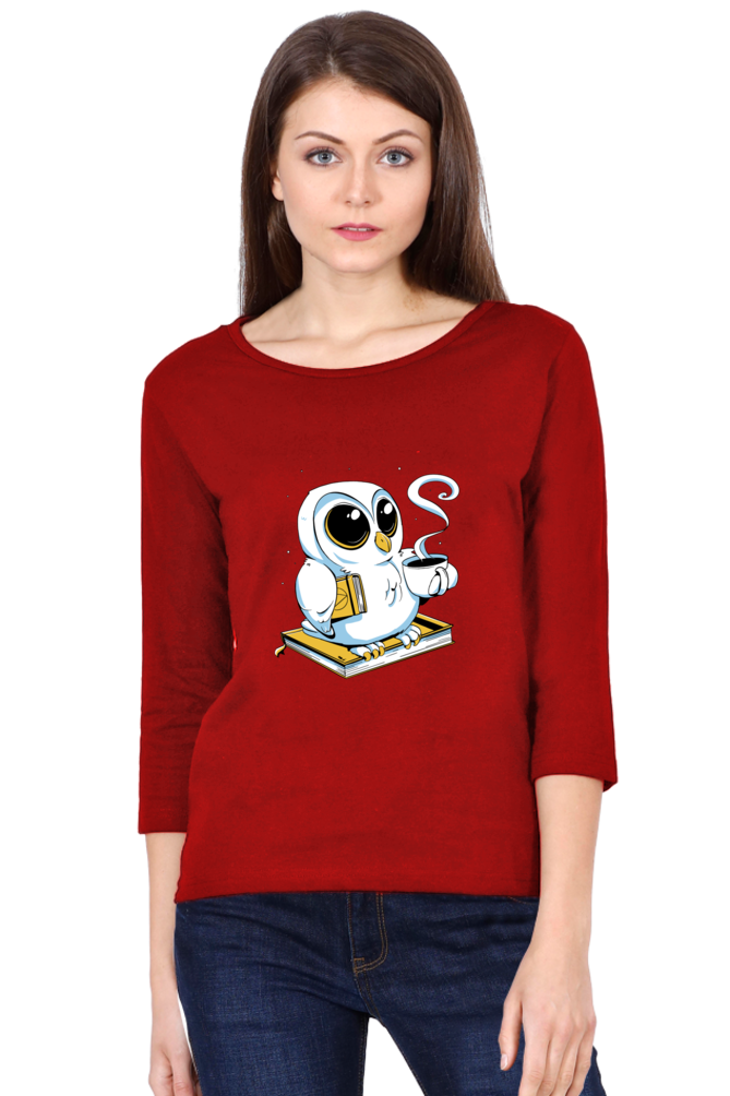 Cute Owl Book Coffee Round Neck Full Sleeve