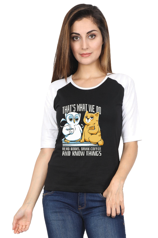 Cat Owl Coffee Books Raglan Full Sleeve