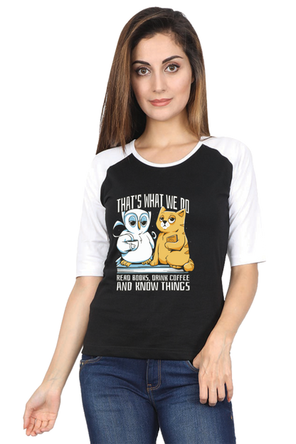 Cat Owl Coffee Books Raglan Full Sleeve