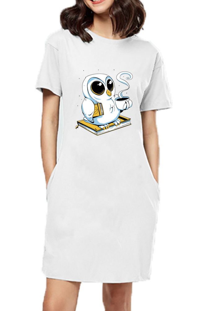 Cute Owl Book Coffee T-Shirt Dress