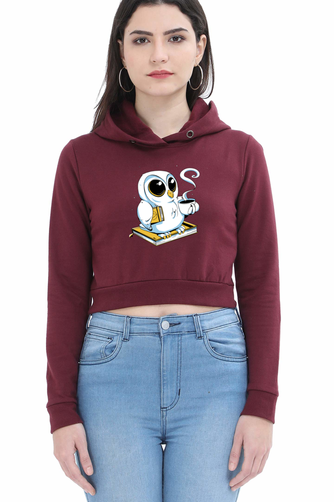 Cute Owl Book Coffee Crop Hoodie