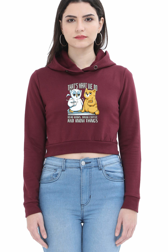 Cat Owl Coffee Books Crop Hoodie