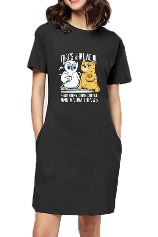 Cat Owl Coffee Books T-Shirt Dress