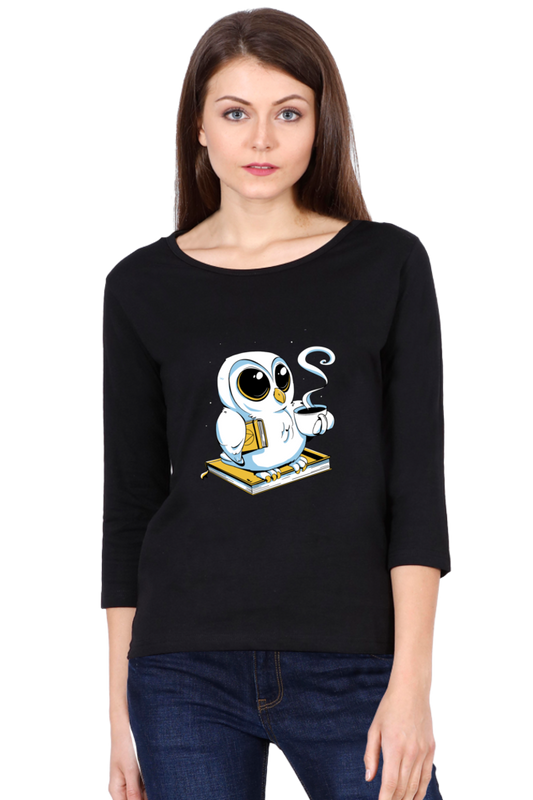 Cute Owl Book Coffee Round Neck Full Sleeve