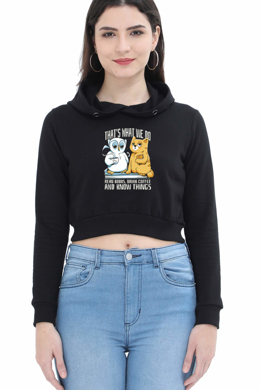 Cat Owl Coffee Books Crop Hoodie