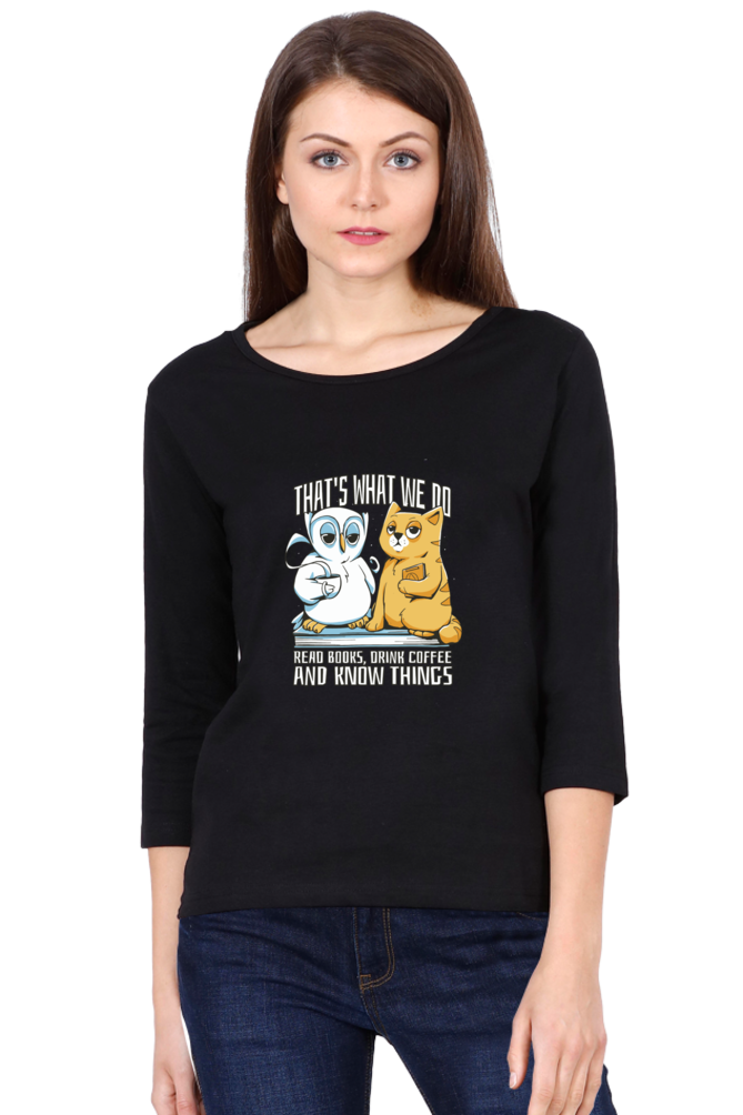 Cat Owl Coffee Books Round Neck Full Sleeve