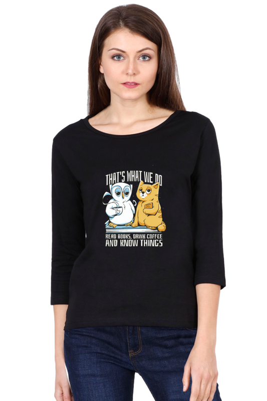 Cat Owl Coffee Books Round Neck Full Sleeve