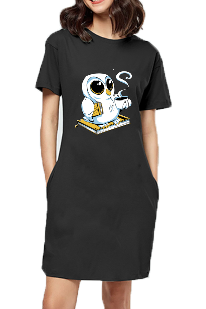 Cute Owl Book Coffee T-Shirt Dress