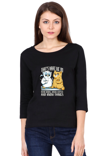 Cat Owl Coffee Books Round Neck Full Sleeve