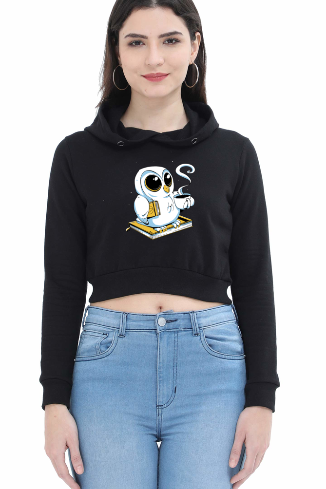 Cute Owl Book Coffee Crop Hoodie