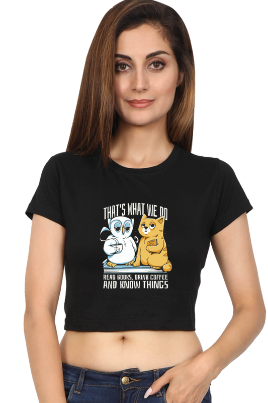 Cat Owl Coffee Books Crop Top