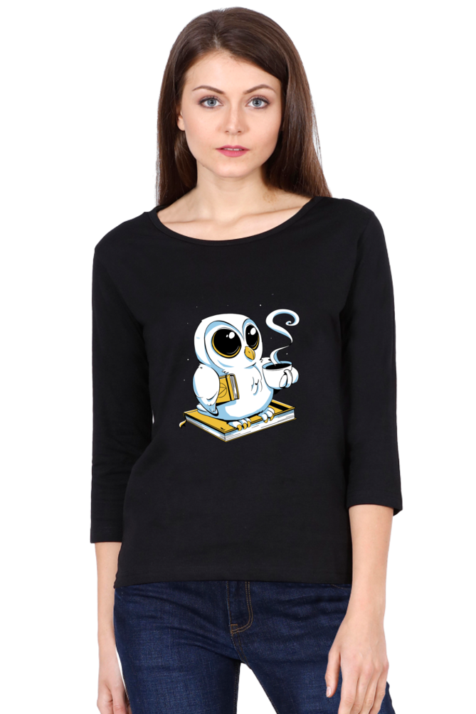 Cute Owl Book Coffee Round Neck Full Sleeve