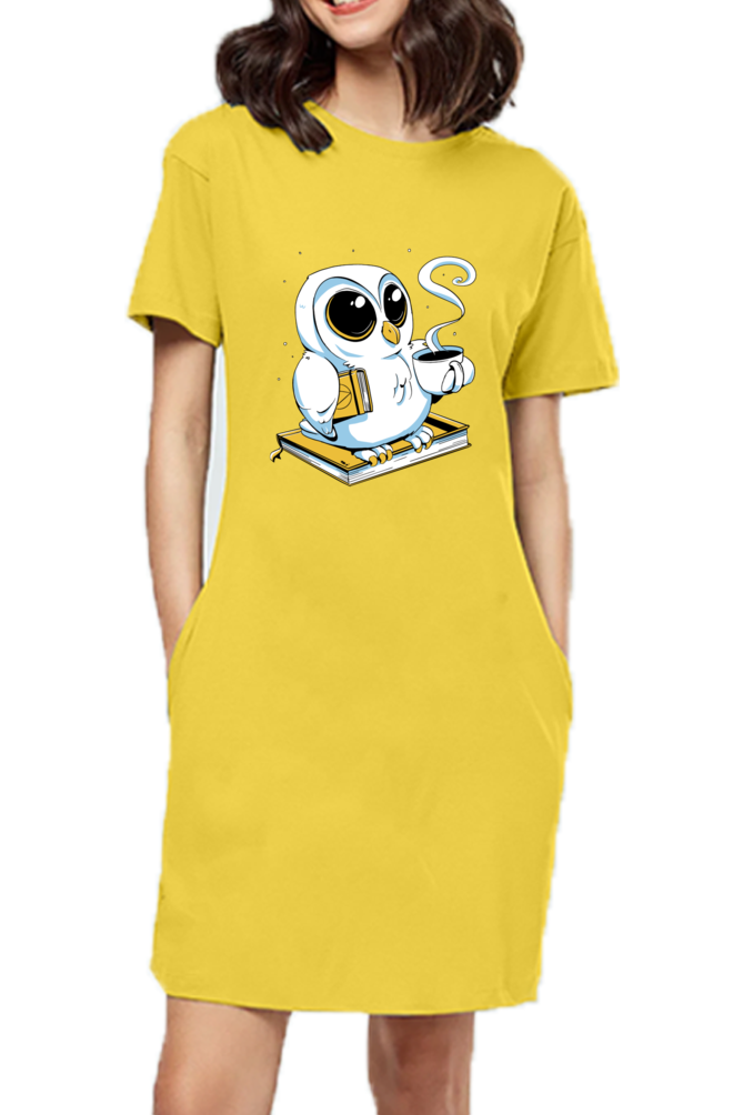 Cute Owl Book Coffee T-Shirt Dress