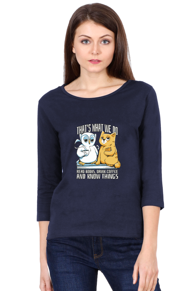 Cat Owl Coffee Books Round Neck Full Sleeve