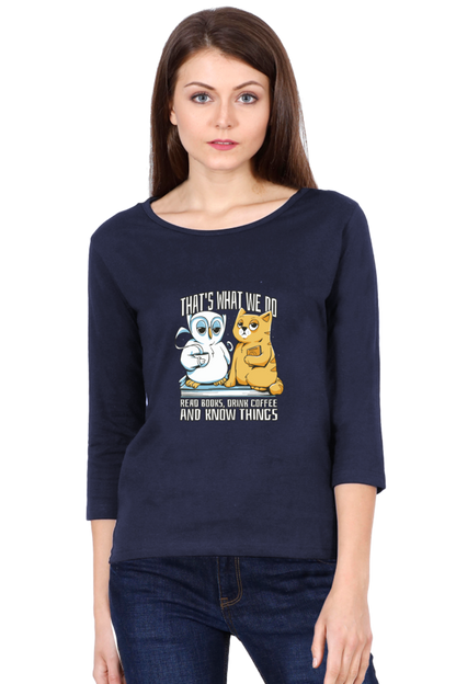 Cat Owl Coffee Books Round Neck Full Sleeve