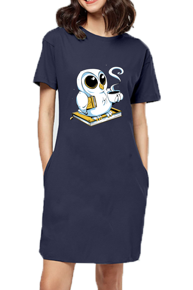 Cute Owl Book Coffee T-Shirt Dress