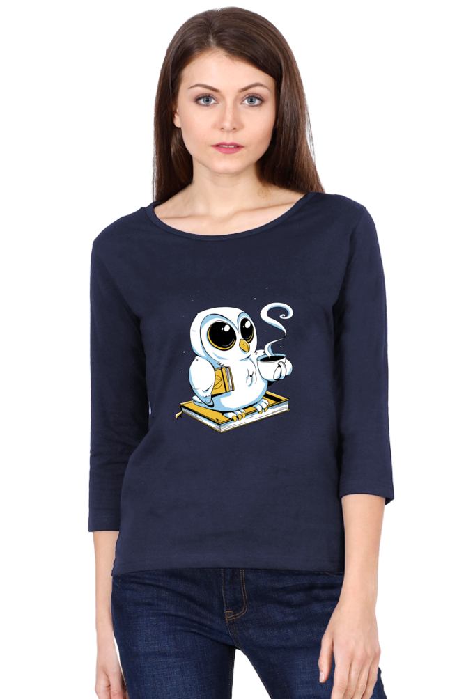 Cute Owl Book Coffee Round Neck Full Sleeve