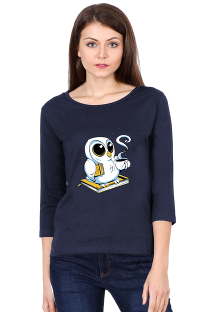 Cute Owl Book Coffee Round Neck Full Sleeve