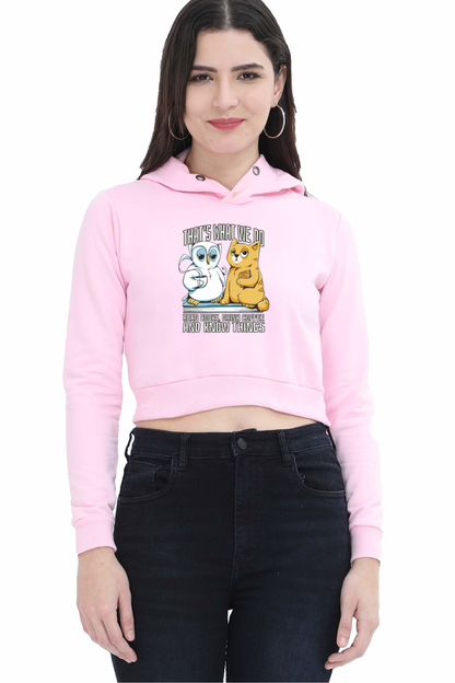 Cat Owl Coffee Books Crop Hoodie