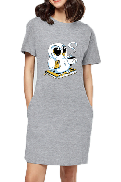 Cute Owl Book Coffee T-Shirt Dress