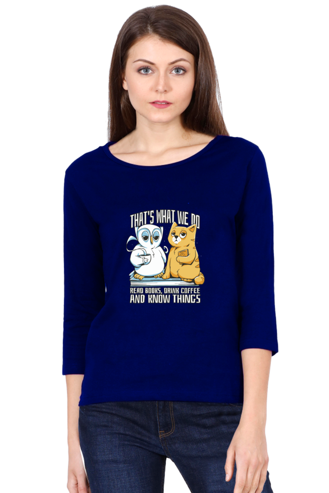 Cat Owl Coffee Books Round Neck Full Sleeve