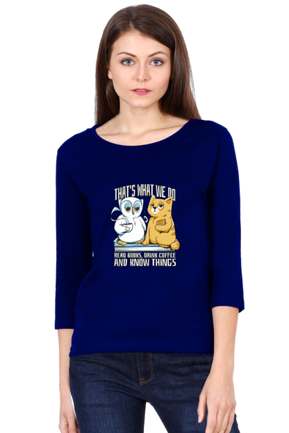 Cat Owl Coffee Books Round Neck Full Sleeve