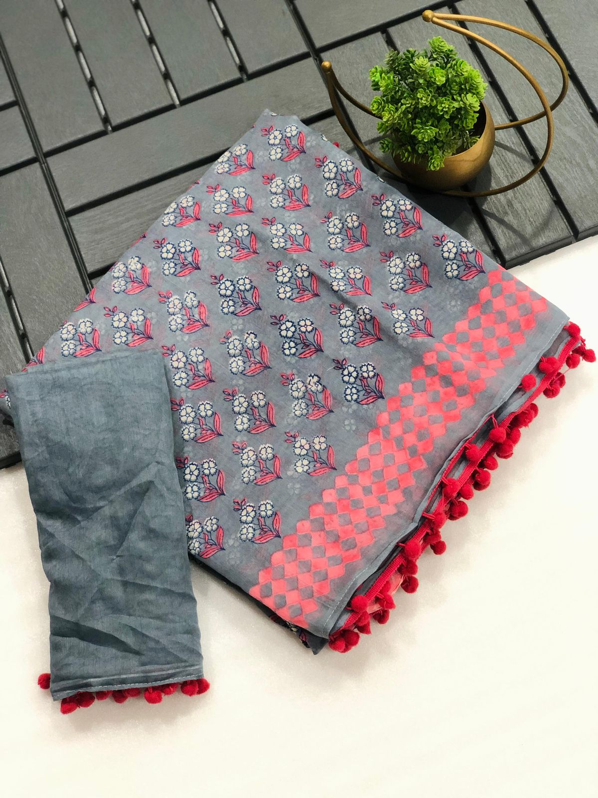 Mul mul soft Cotton ikkat print with Pom Pom border