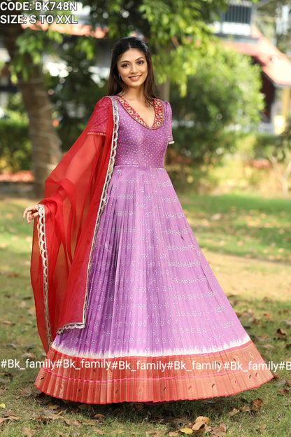 Meraki Lavender Bandhani Silk Pattu Dress