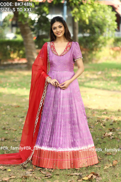 Meraki Lavender Bandhani Silk Pattu Dress