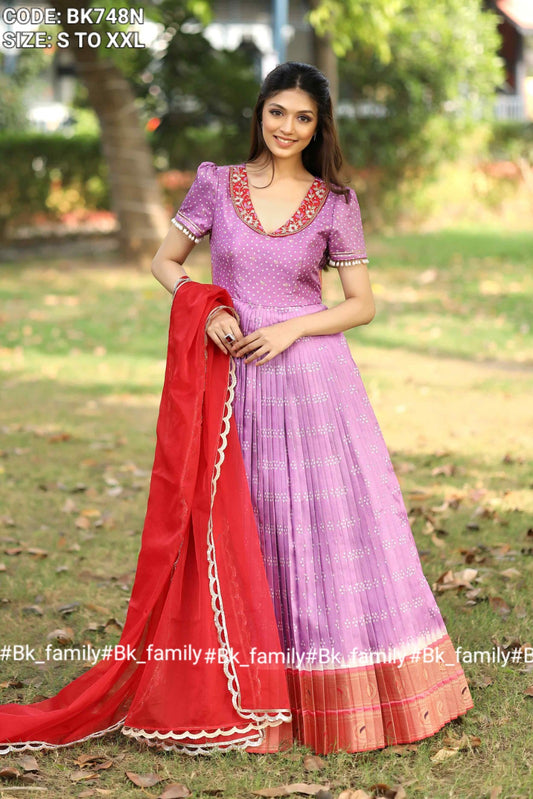 Meraki Lavender Bandhani Silk Pattu Dress