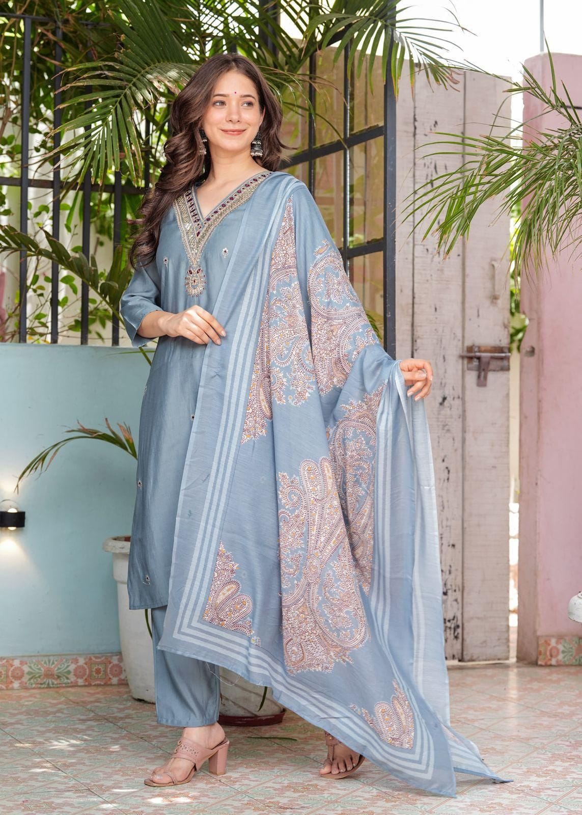 Beautiful Roman modal silk kurti with classy comfort pant and silk printed dupatta