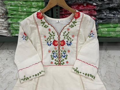 A traditional Kalidar style kurta with colourful threadwork hand embroidery