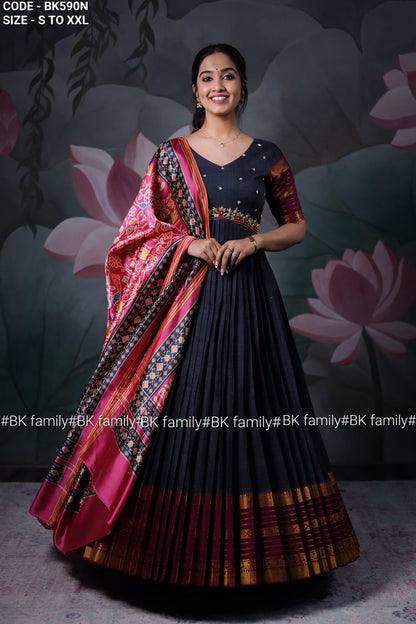 The Grey Plitted Narayan Pet Anarkali Dress with Curve Yock Border