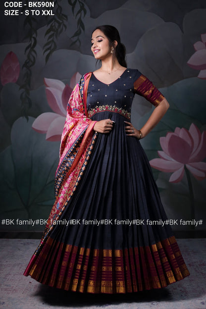 The Grey Plitted Narayan Pet Anarkali Dress with Curve Yock Border