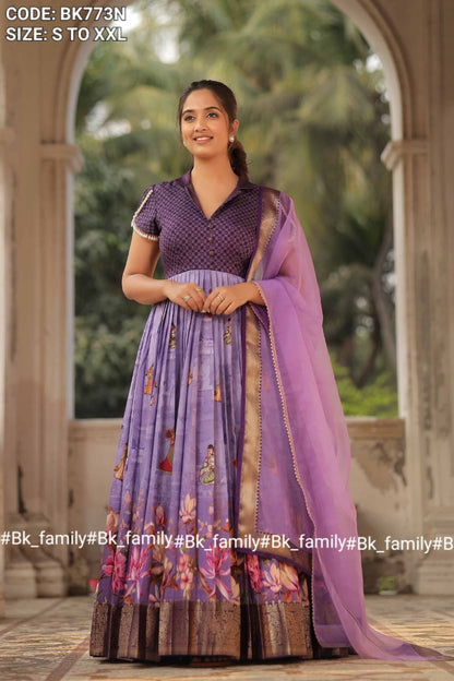 Begani Lavender Floral Silk Anarkali