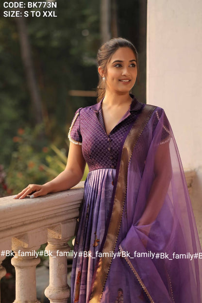 Begani Lavender Floral Silk Anarkali