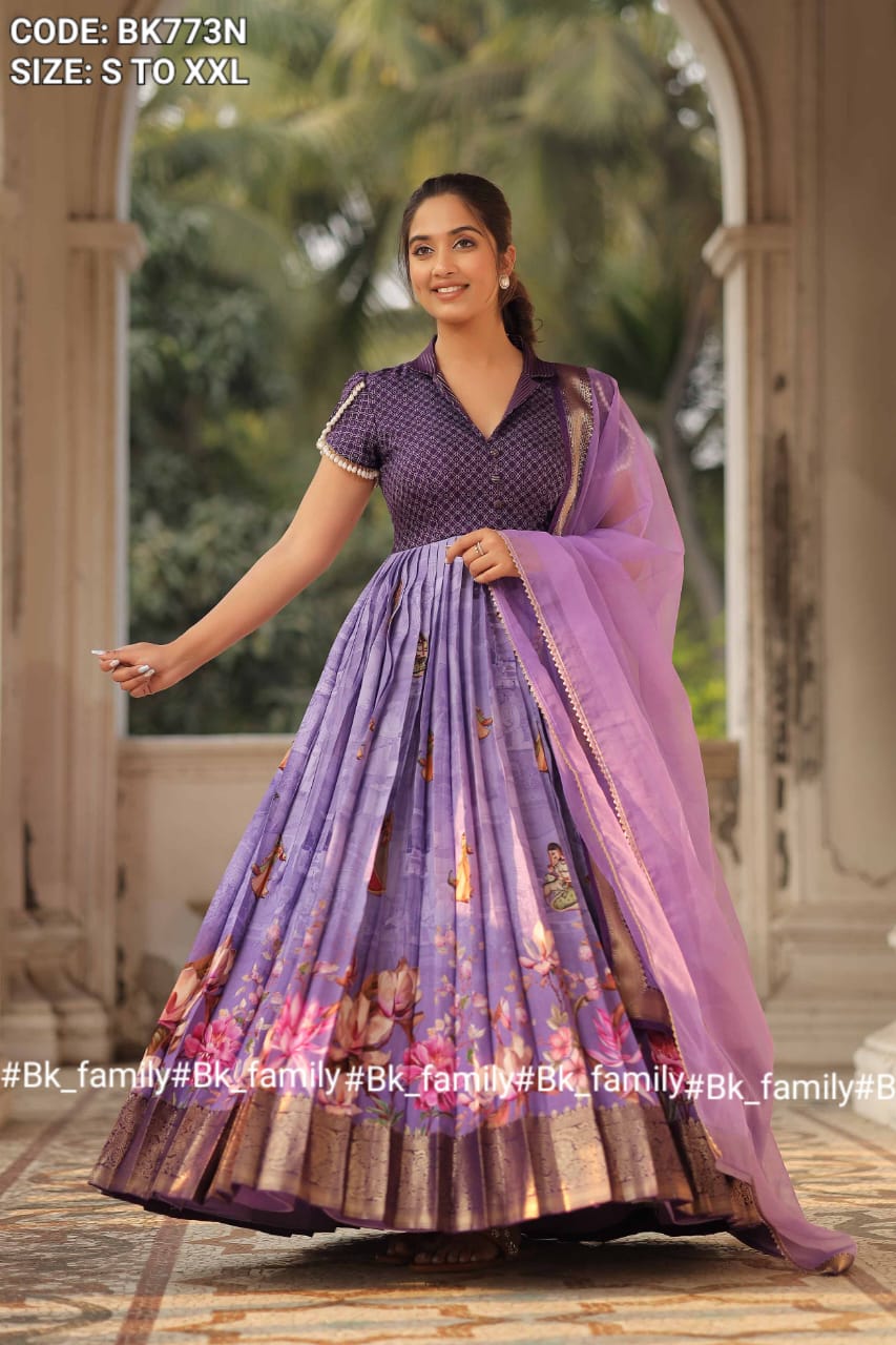 Begani Lavender Floral Silk Anarkali