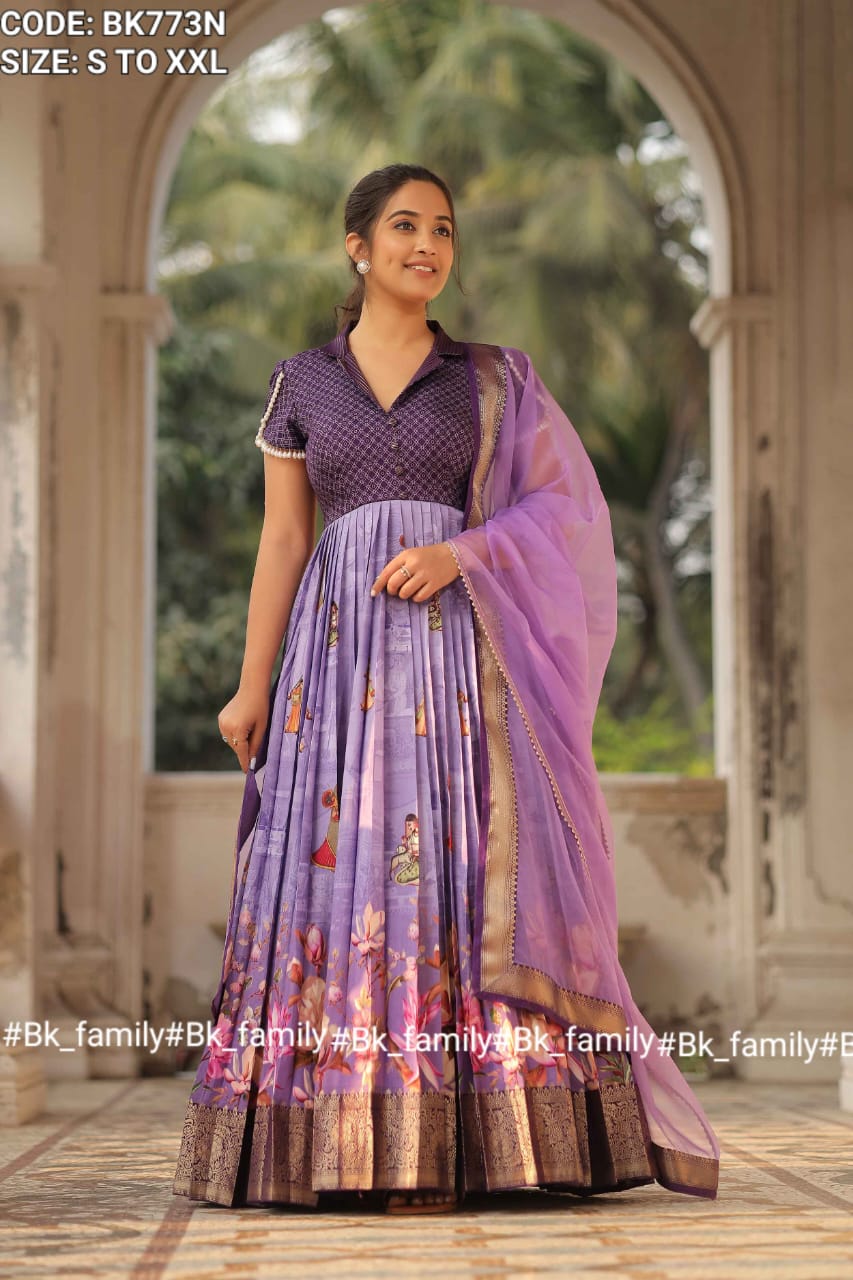 Begani Lavender Floral Silk Anarkali