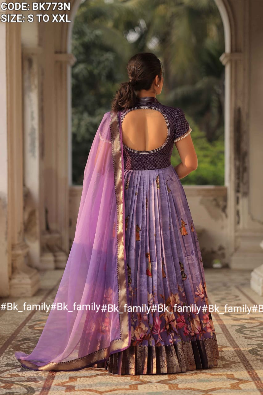 Begani Lavender Floral Silk Anarkali