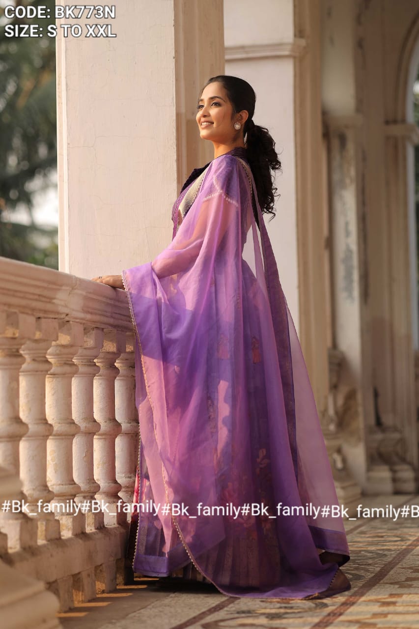 Begani Lavender Floral Silk Anarkali