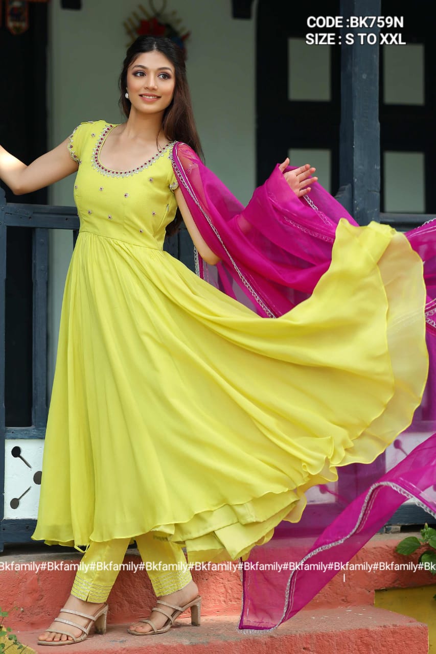 Tulip Anarkali Suit Set in Lemon Yellow With Pent