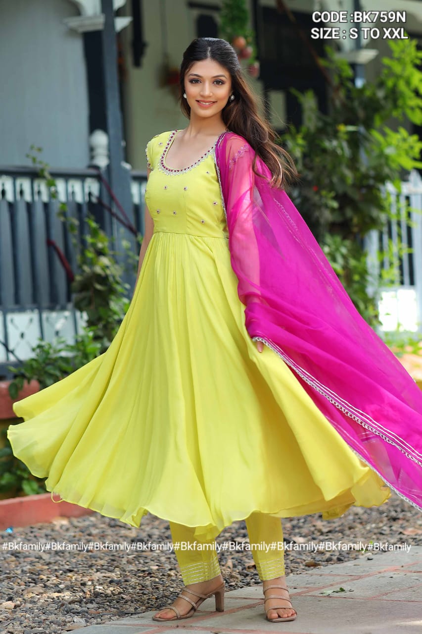 Tulip Anarkali Suit Set in Lemon Yellow With Pent