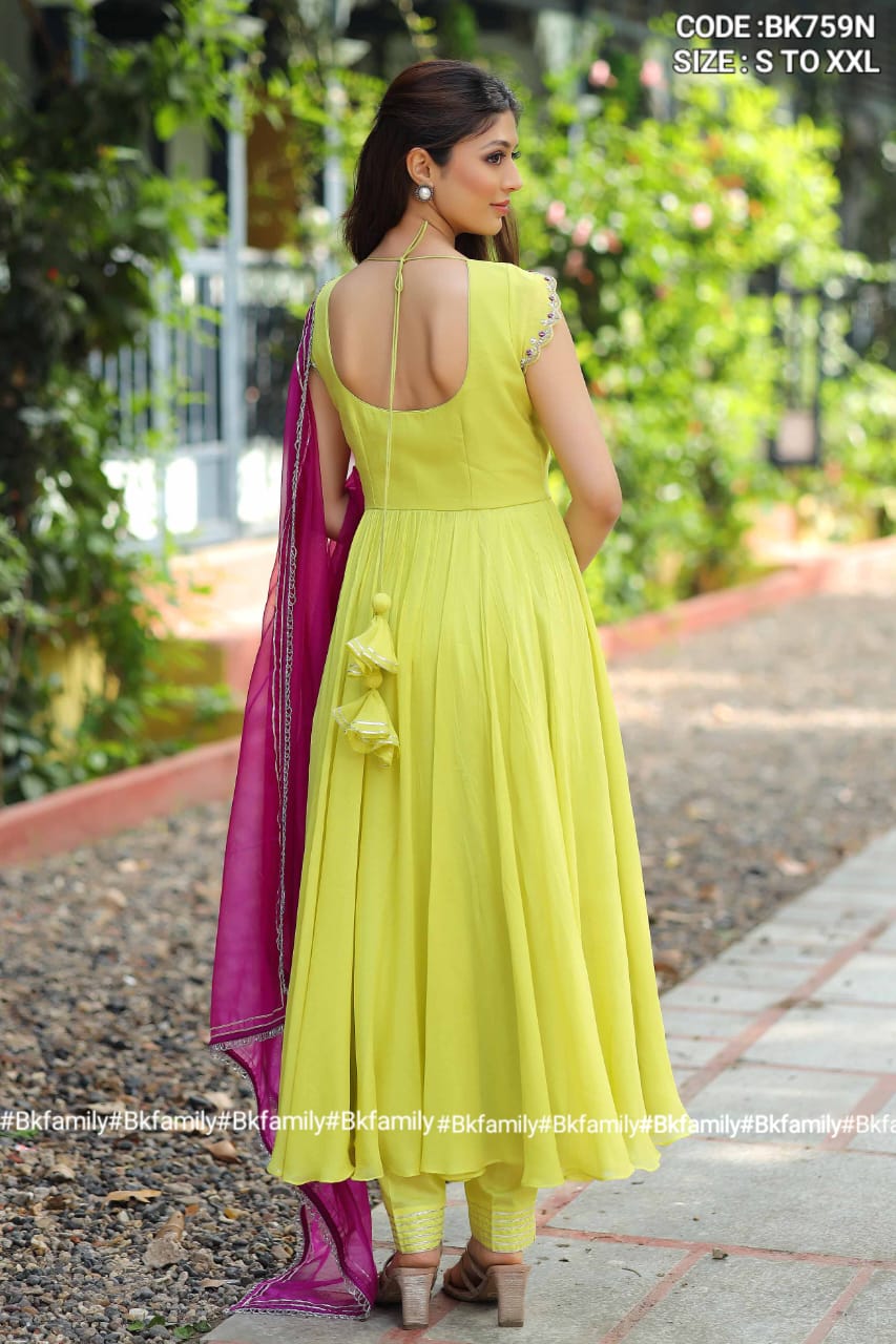 Tulip Anarkali Suit Set in Lemon Yellow With Pent