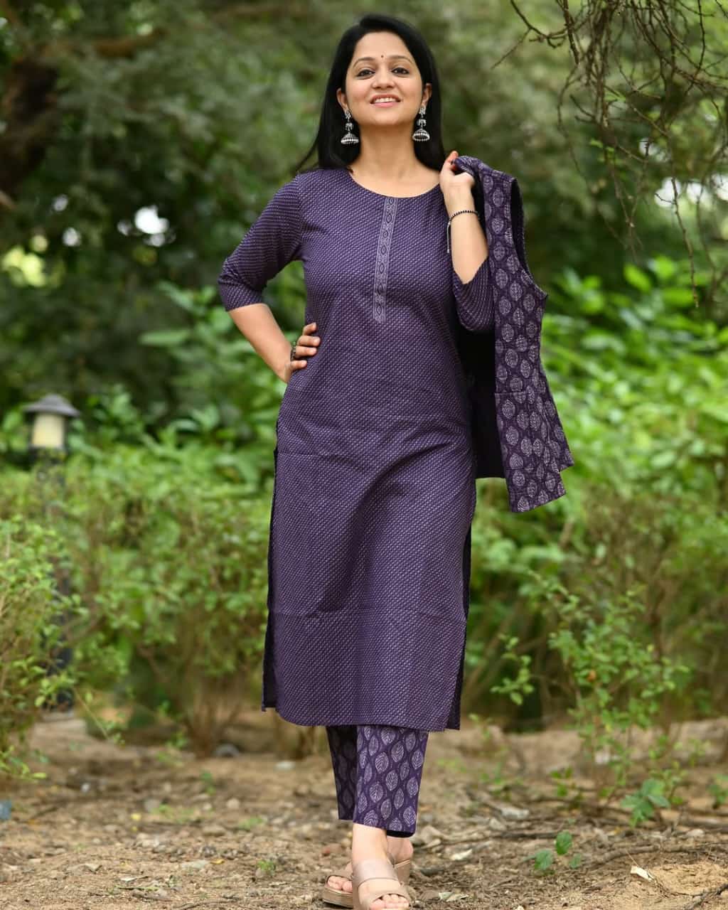 Cotton kurti pant set with quilted cotton jacket