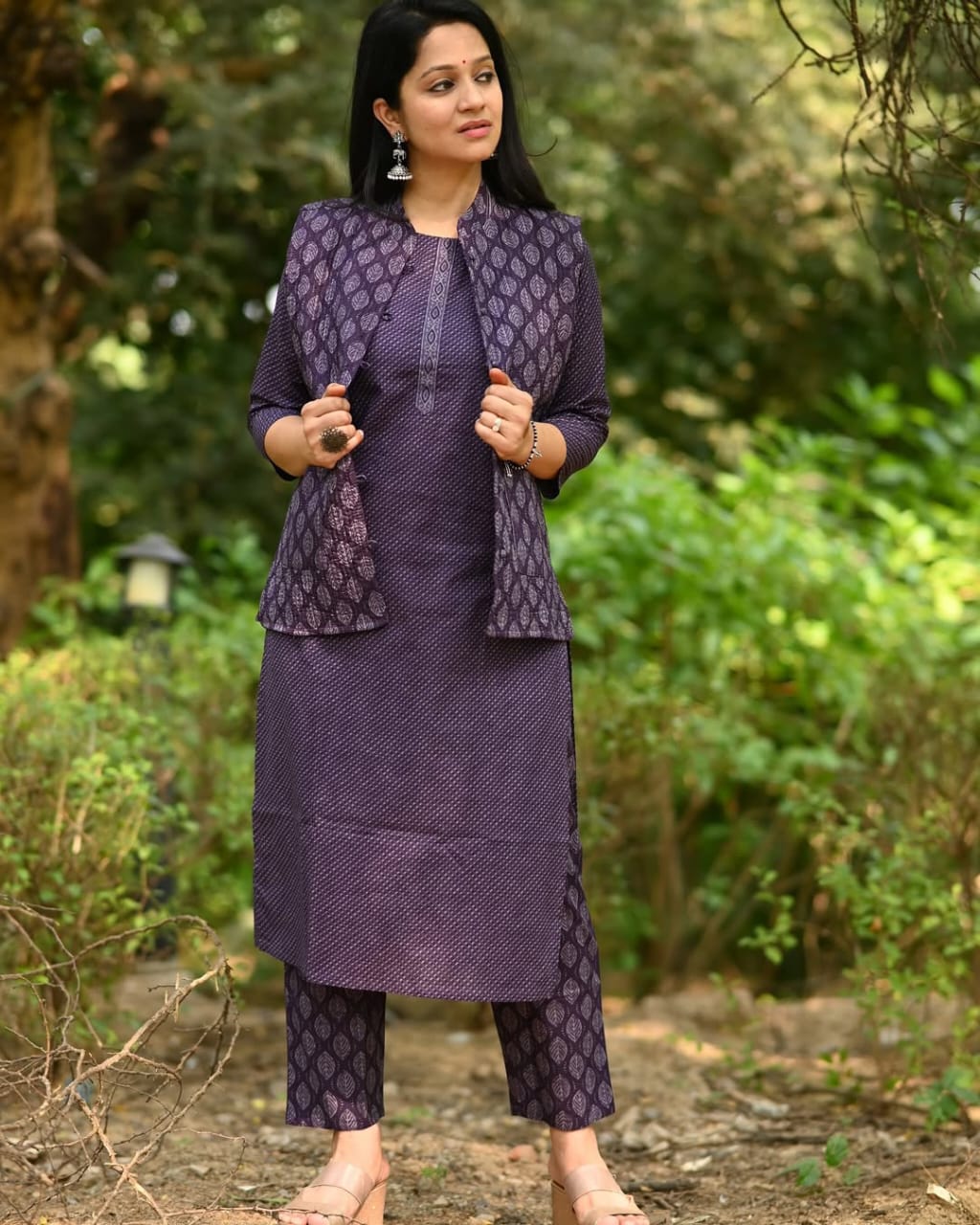 Cotton kurti pant set with quilted cotton jacket