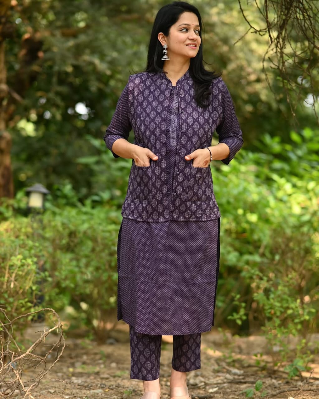 Cotton kurti pant set with quilted cotton jacket