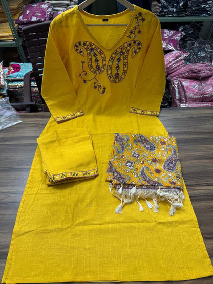 Handloom cotton slub cotton  fabric with manual dual thread embroidery work Cotton slub pant